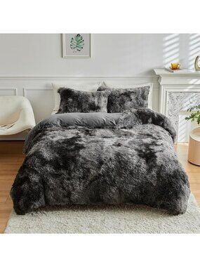 Tie Dye Dark Grey King Comforter Set - Faux Fur Plush Fluffy Bedding, Soft